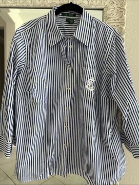 Ralph Lauren White and Blue Stripe Cotton Button-Down Shirt